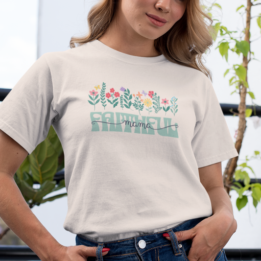 Faithful Mama Tee with Pressed Flowers Design